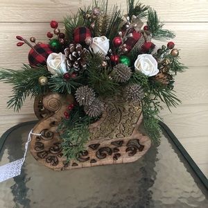 Sola wood flowers, faux floral in a wooden sleigh
